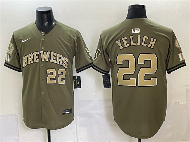 Men's Milwaukee Brewers #22 Christian Yelich Olive 2026 Armed Forces Day Stitched Baseball Jersey Men's Milwaukee Brewers #22 Christian Yelich Olive 2026 Armed Forces Day Stitched Baseball Jersey